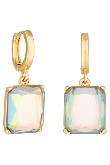 Mood Gold Crystal Aurora Borealis Emerald Cut Huggie Hoop Earrings