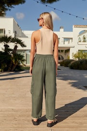 Khaki Green Linen Blend Cargo Trousers - Image 3 of 6