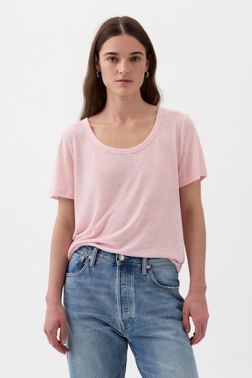 Gap Pink Linen Blend Short Sleeve Scoop Neck T-Shirt