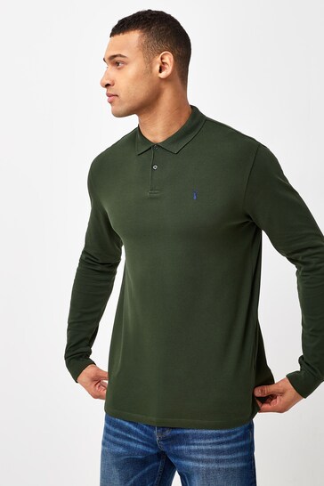 Dark Khaki Green Long Sleeve Pique Polo Shirt