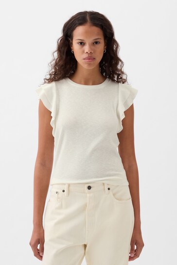 Gap White Essential Ribbed Flutter Sleeve Crew Neck T-Shirt