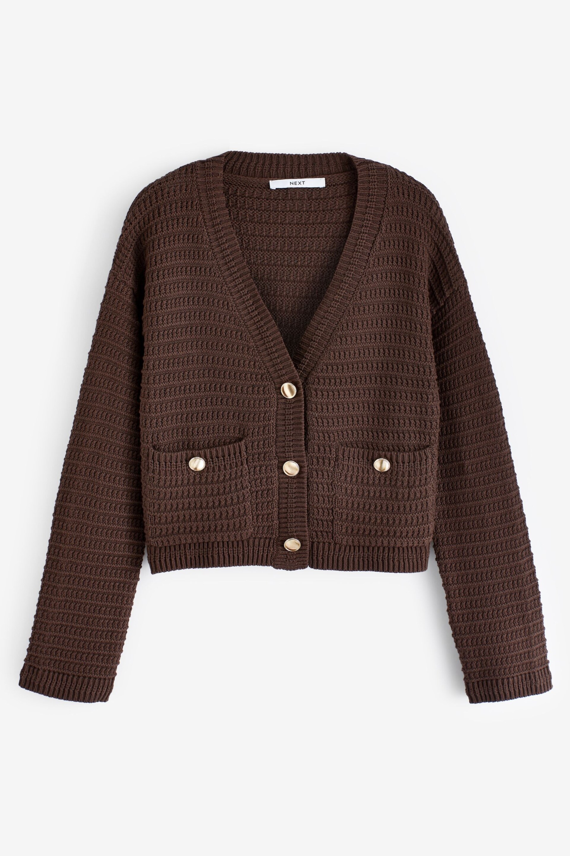 Chocolate Brown Gold Button Pocket Detail Cardigan - Image 5 of 6