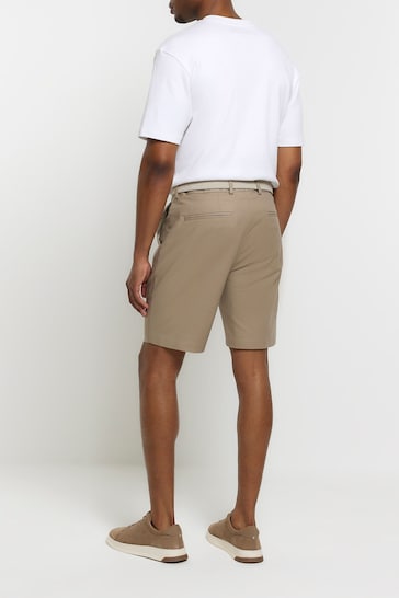 River Island Brown Ecru Belted Chinos Shorts