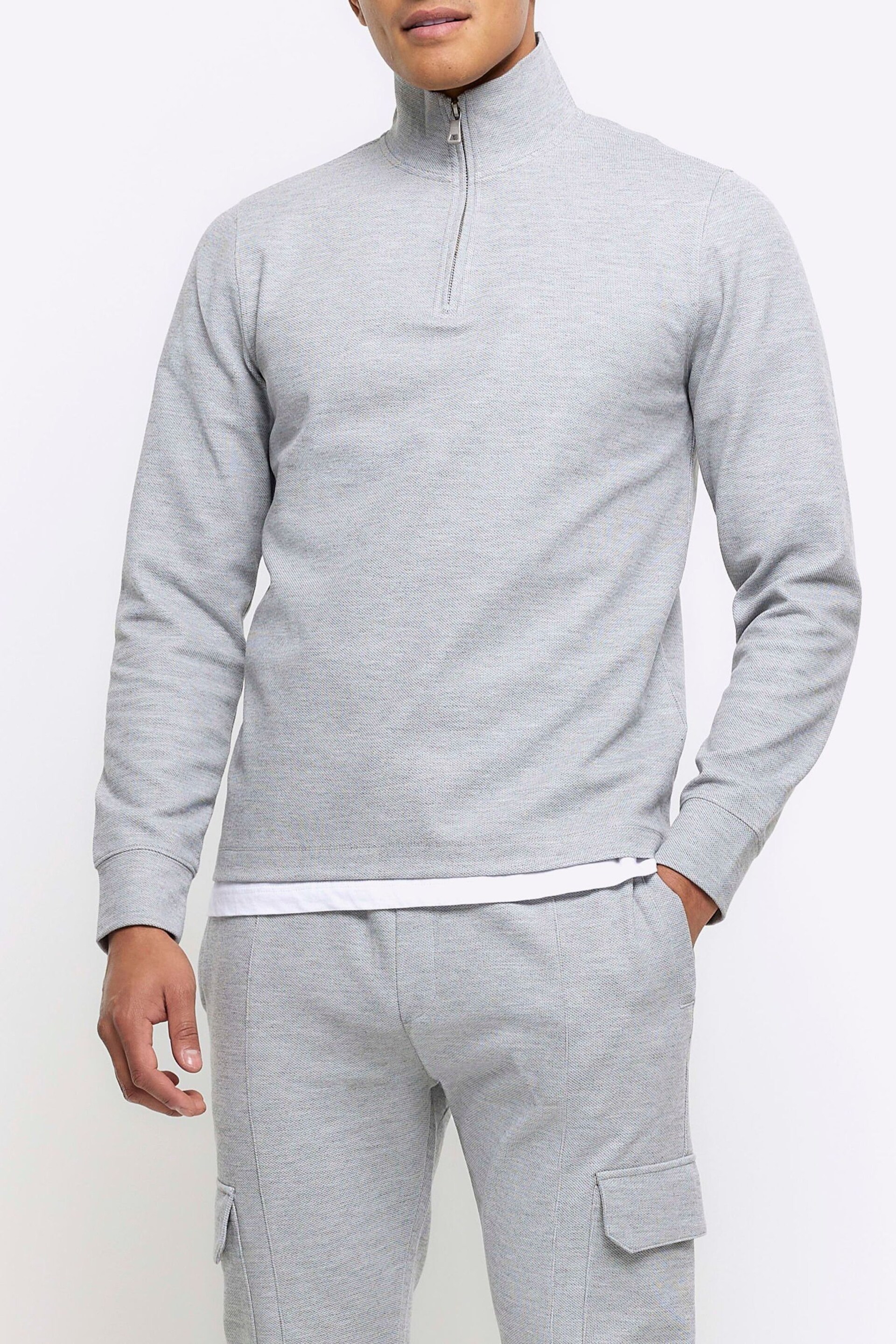 River Island Grey Slim Fit Textured Funnel Neck Sweat Shirt - Image 1 of 6
