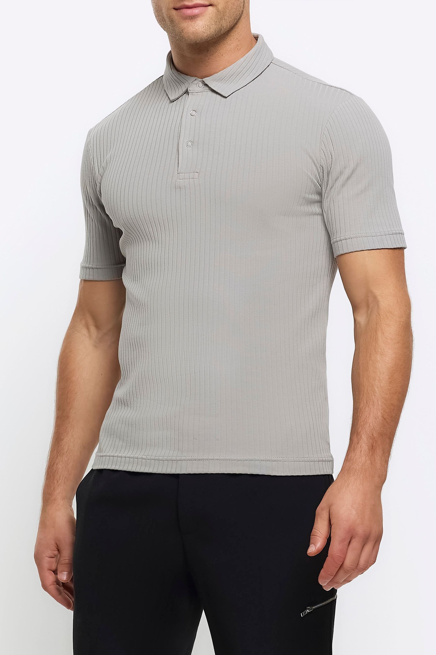 Buy River Island Grey Muscle Fit Texture Ribbed Polo Shirt from Next Luxembourg