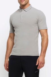 River Island Grey Muscle Fit Texture Ribbed Polo Shirt - Image 1 of 6