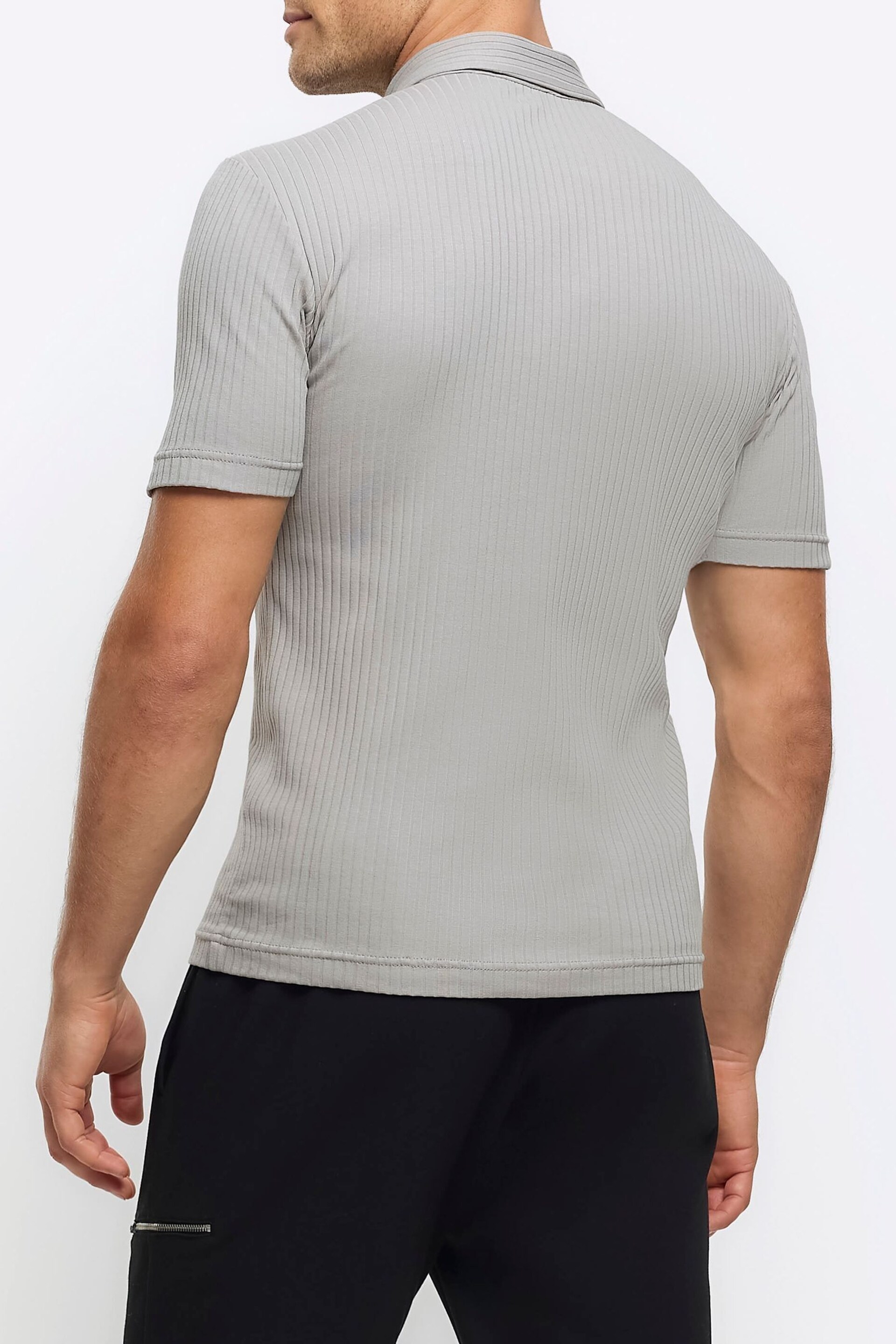 River Island Grey Muscle Fit Texture Ribbed Polo Shirt - Image 2 of 6