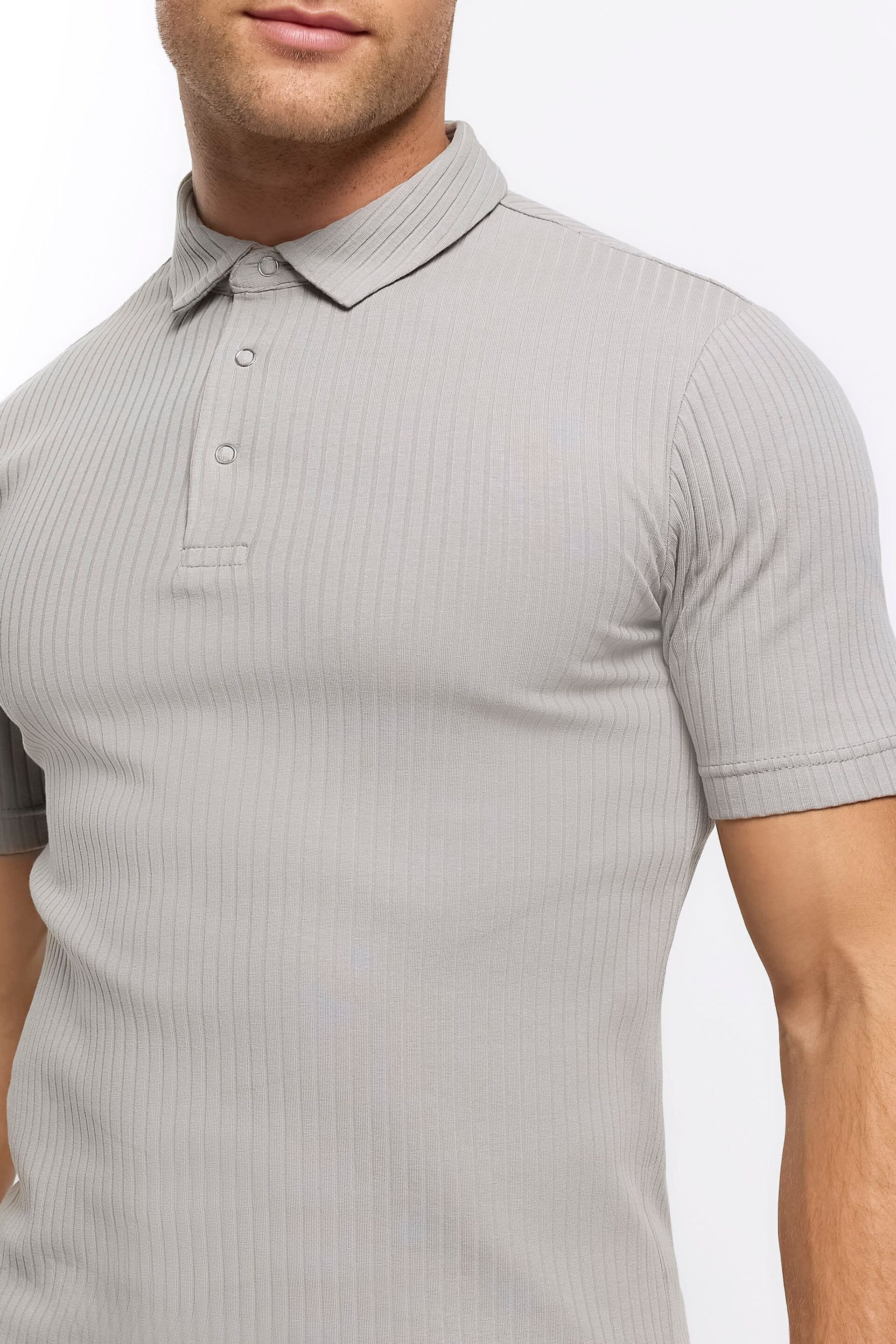 River Island Grey Muscle Fit Texture Ribbed Polo Shirt - Image 4 of 6