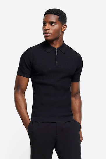 River Island Black Muscle Fit Brick Polo Shirt