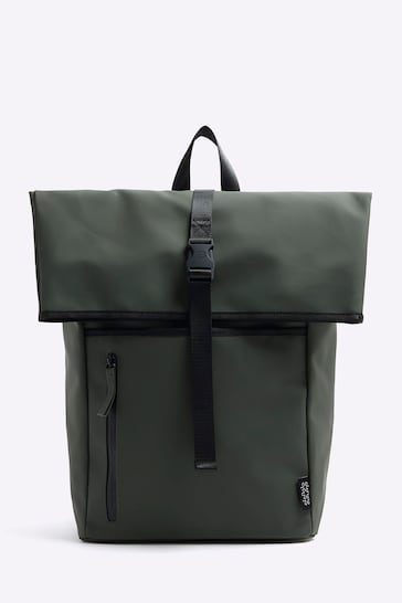 River Island Green Rubberised Roll Top Backpack