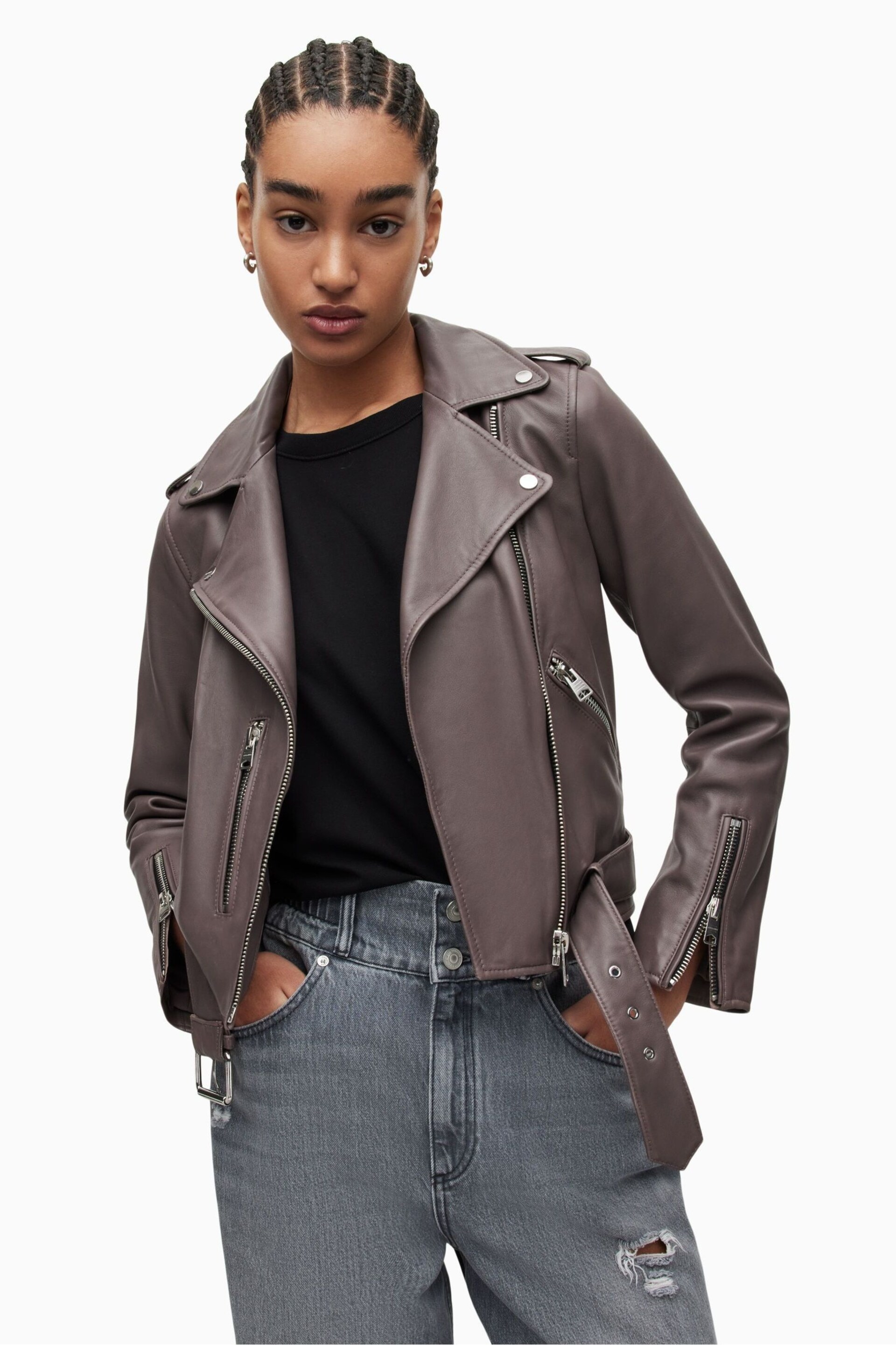 AllSaints Grey Balfern Biker Jacket - Image 1 of 6