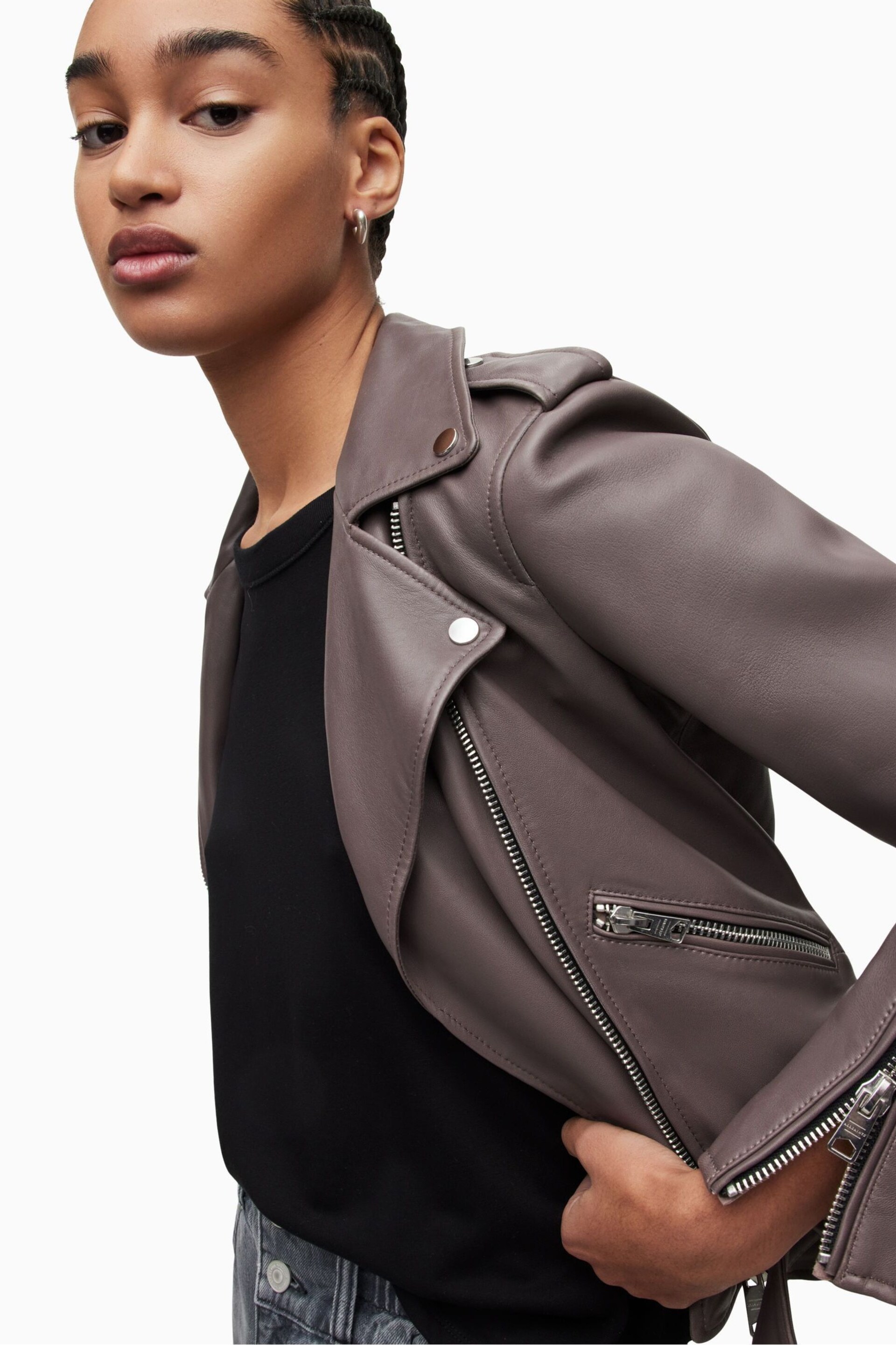 AllSaints Grey Balfern Biker Jacket - Image 5 of 6