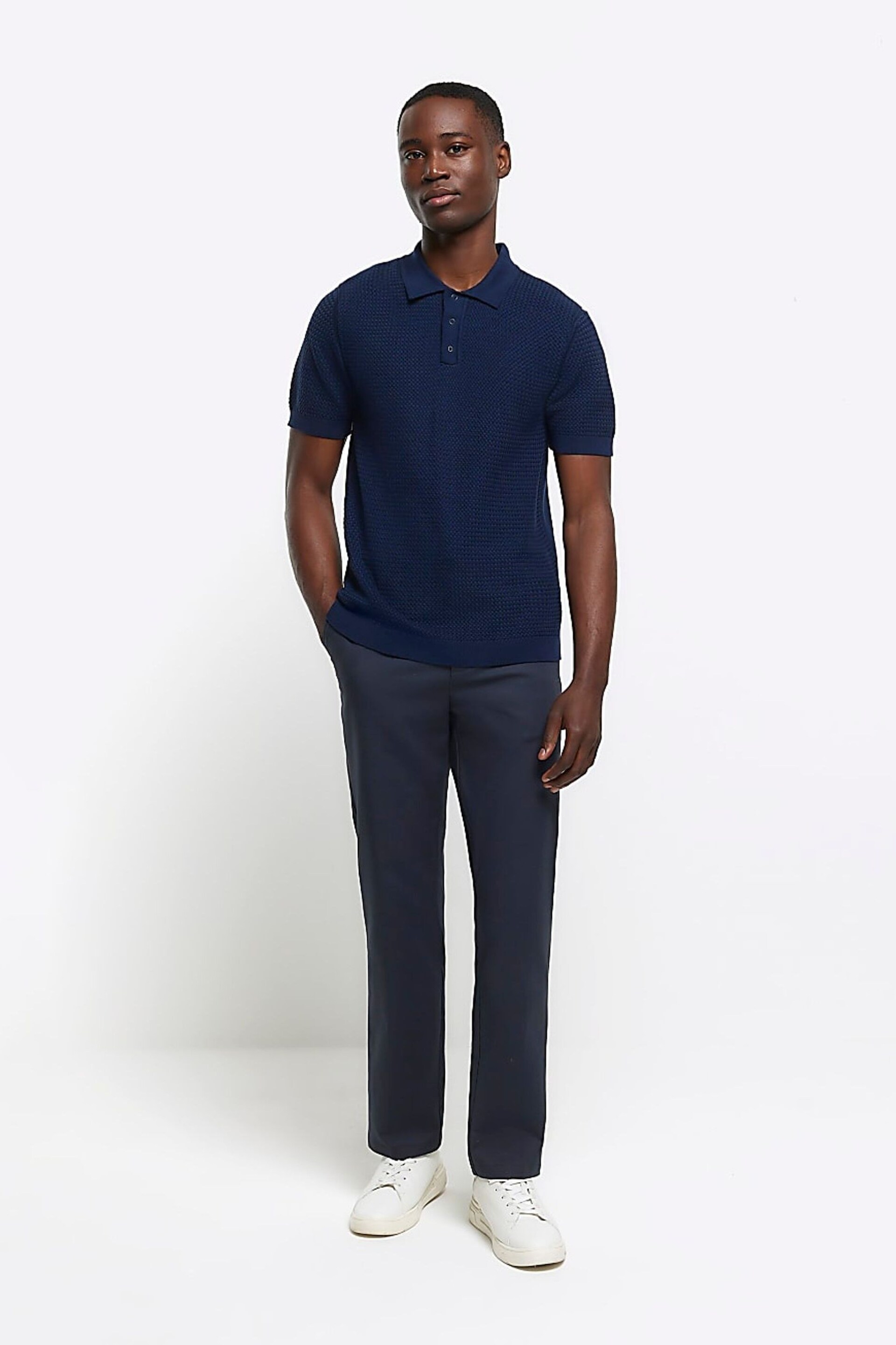 River Island Blue Textured Knitted Polo Shirt - Image 1 of 6