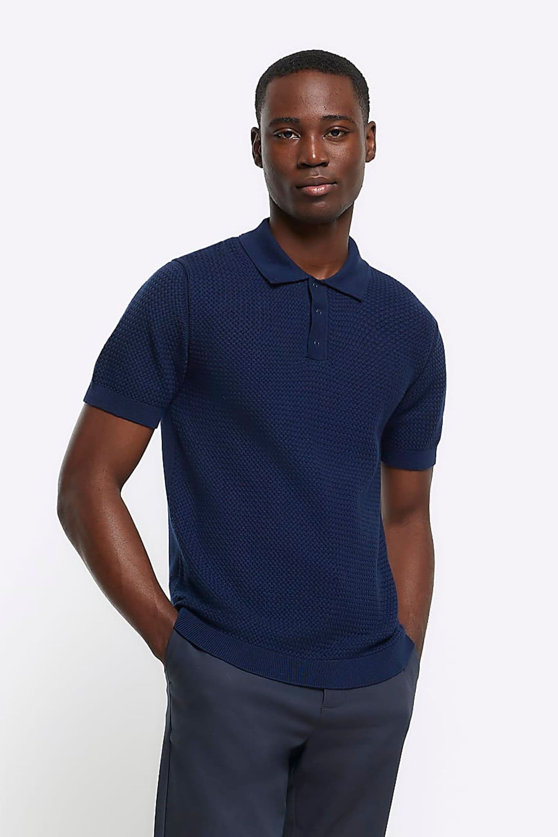 River Island Blue Textured Knitted Polo Shirt - Image 3 of 6