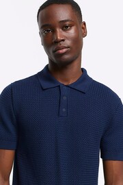 River Island Blue Textured Knitted Polo Shirt - Image 4 of 6