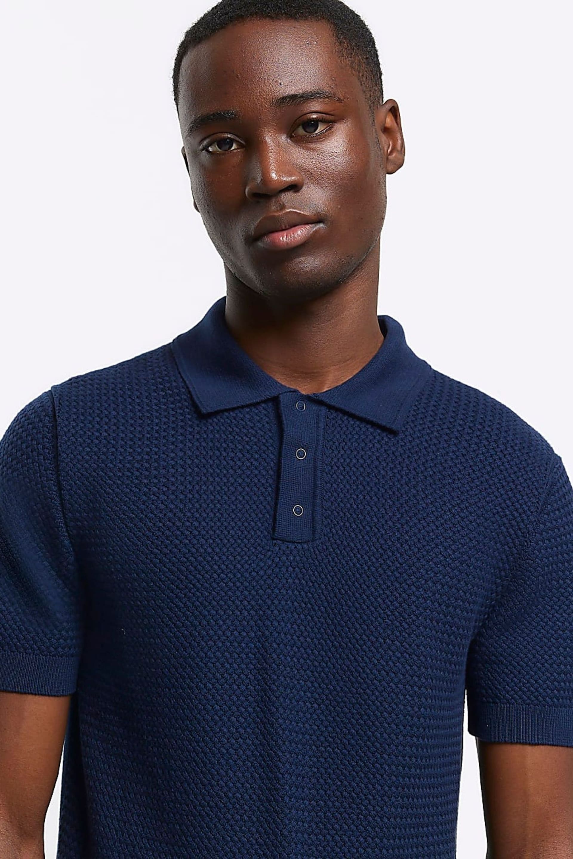 River Island Blue Textured Knitted Polo Shirt - Image 4 of 6