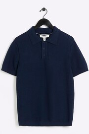 River Island Blue Textured Knitted Polo Shirt - Image 5 of 6