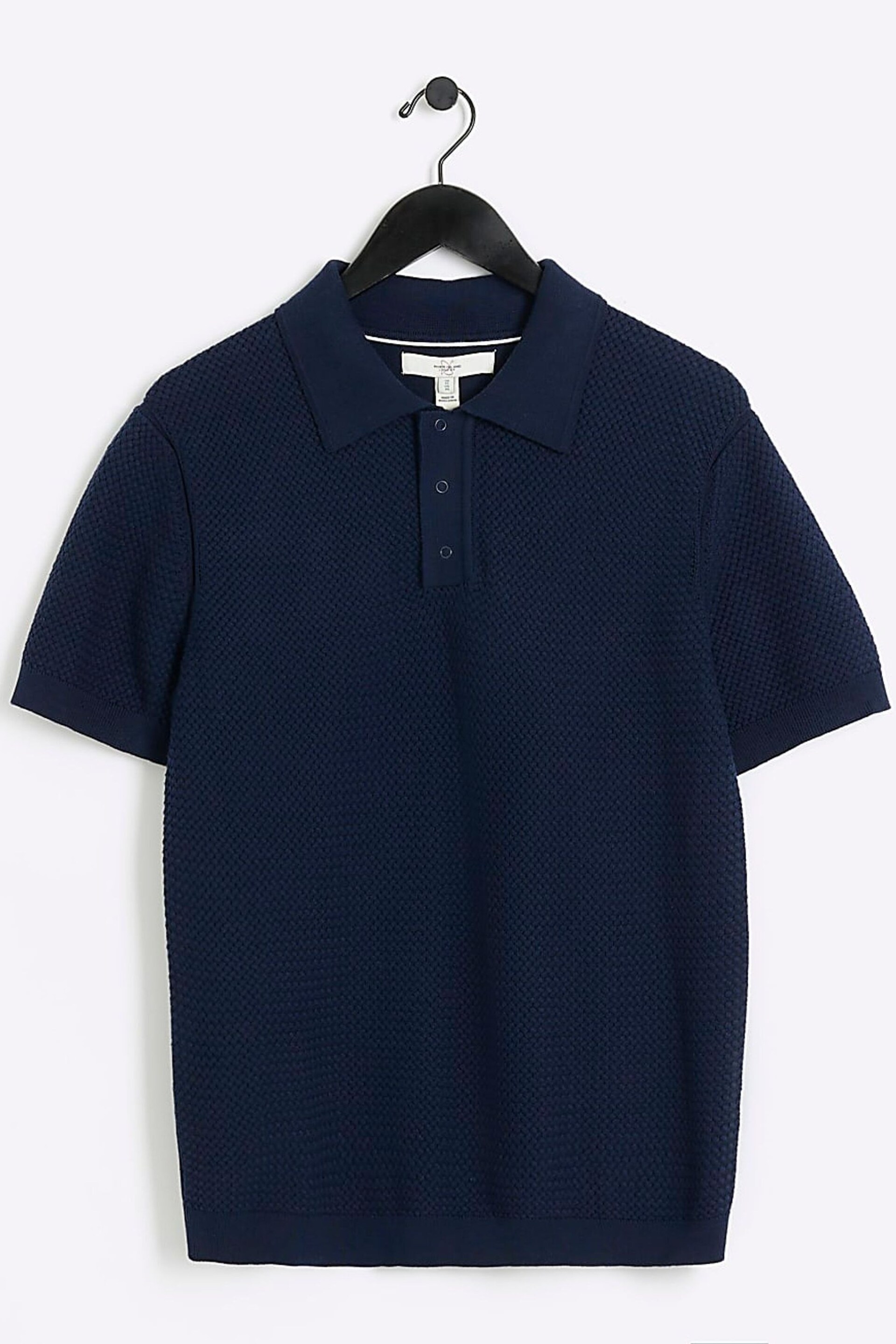 River Island Blue Textured Knitted Polo Shirt - Image 5 of 6