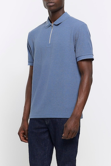 River Island Blue Smart Texture Zip Neck Polo Shirt