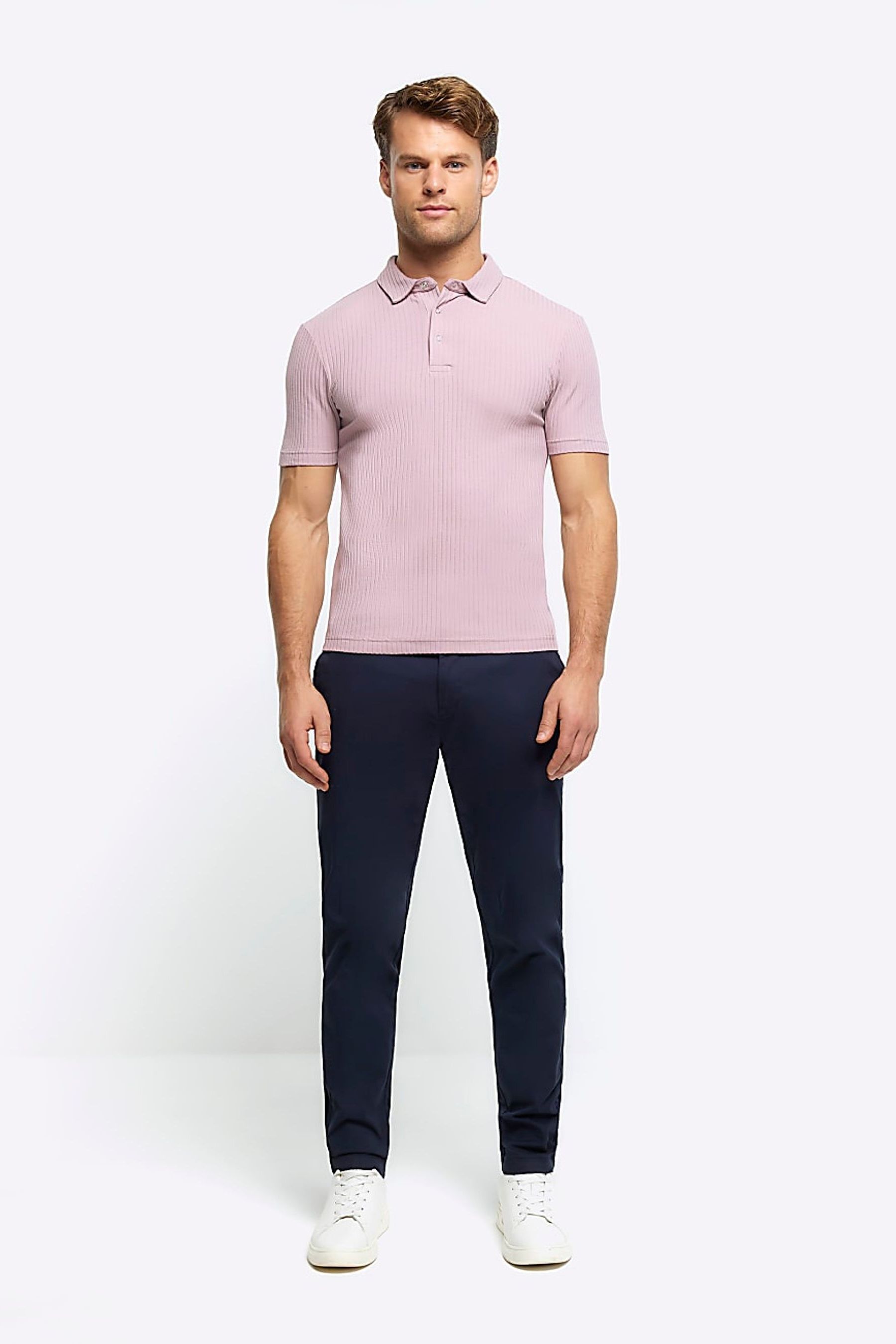 Buy River Island Pink Muscle Fit Texture Ribbed Polo Shirt from Next Luxembourg