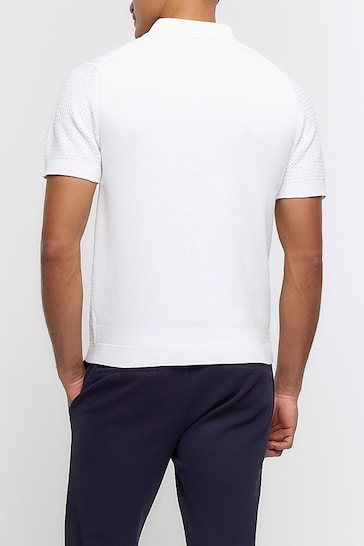 River Island White Textured Knitted Slim Fit Polo Shirt
