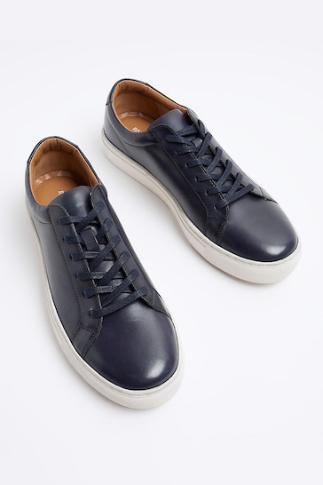 River Island Blue Leather Burnished Cupsole Trainers