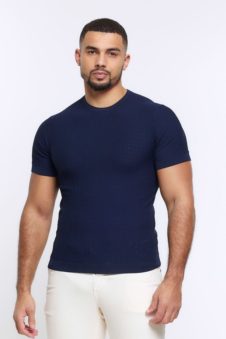 River Island Blue Muscle Fit Brick T-Shirt - Image 1 of 6