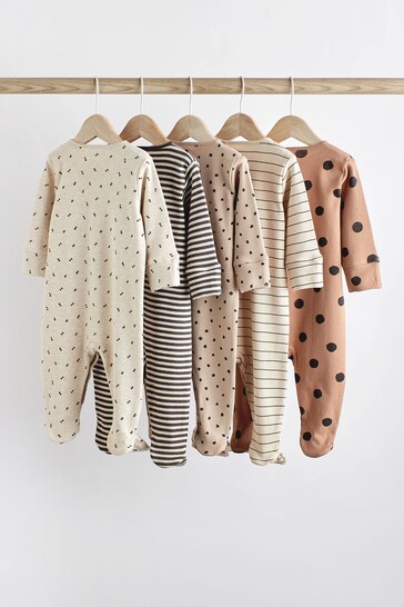 Neutral Spot/Stripe Baby Cotton Sleepsuits 5 Pack (0-2yrs)