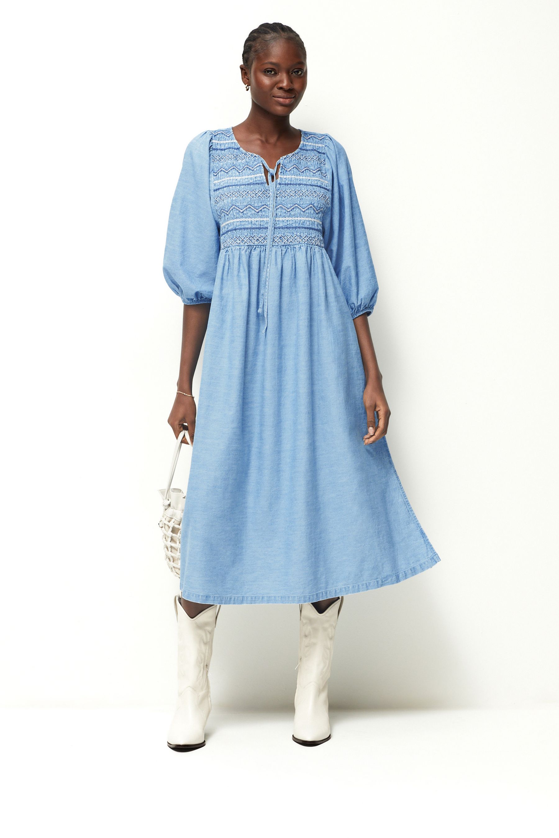 Blue embroidered midi dress online