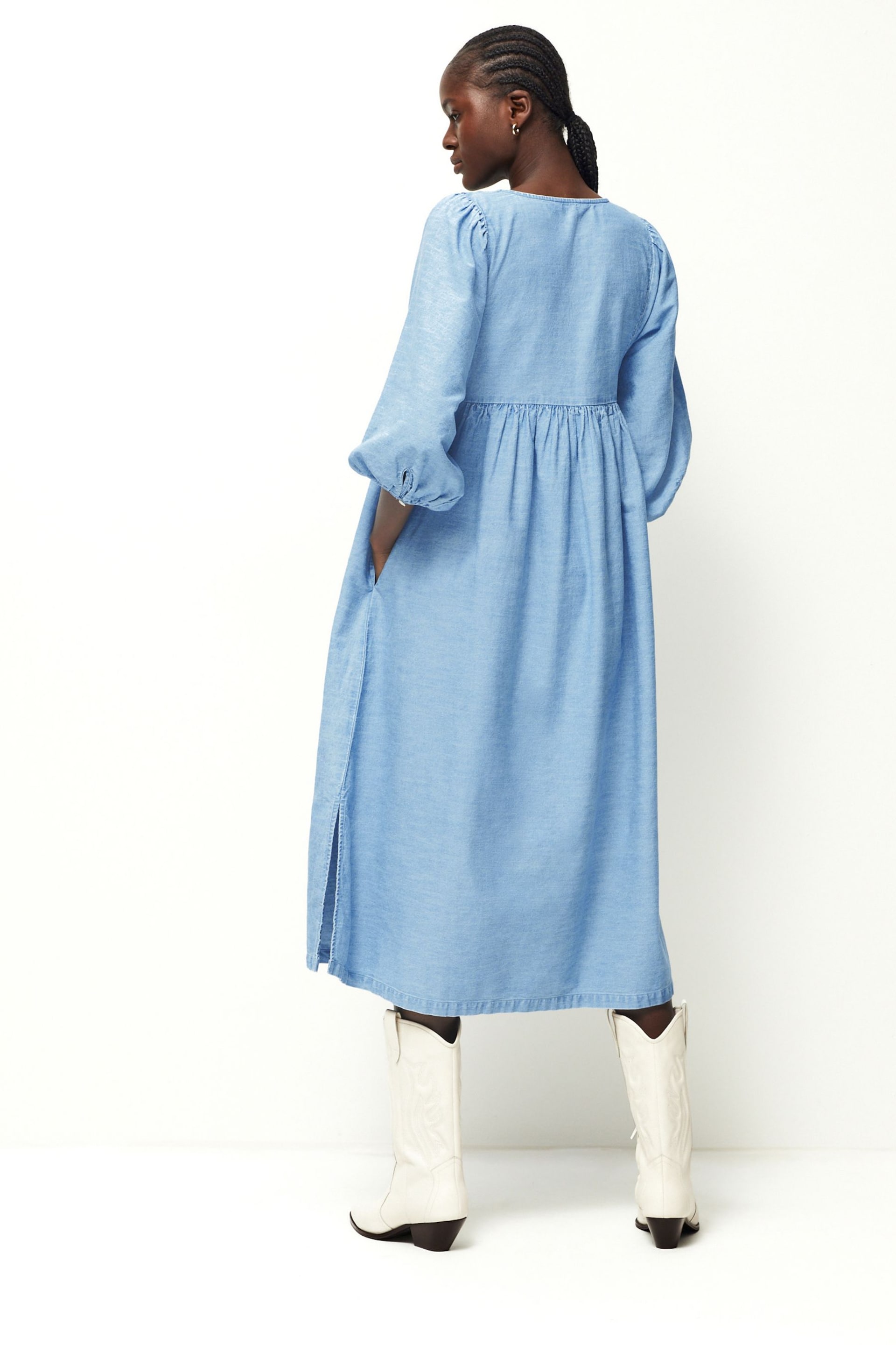 Blue Embroidered Midi Denim Smock Dress - Image 2 of 5
