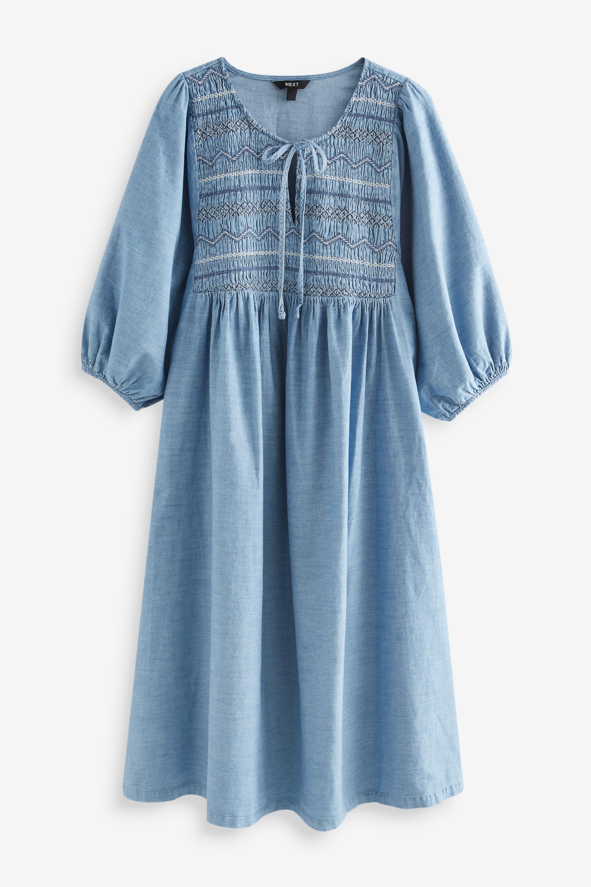 Blue Embroidered Midi Denim Smock Dress - Image 4 of 5