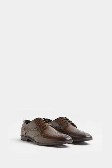 River Island Dark Brown Lace-Up Leather Brogue Derby Shoes