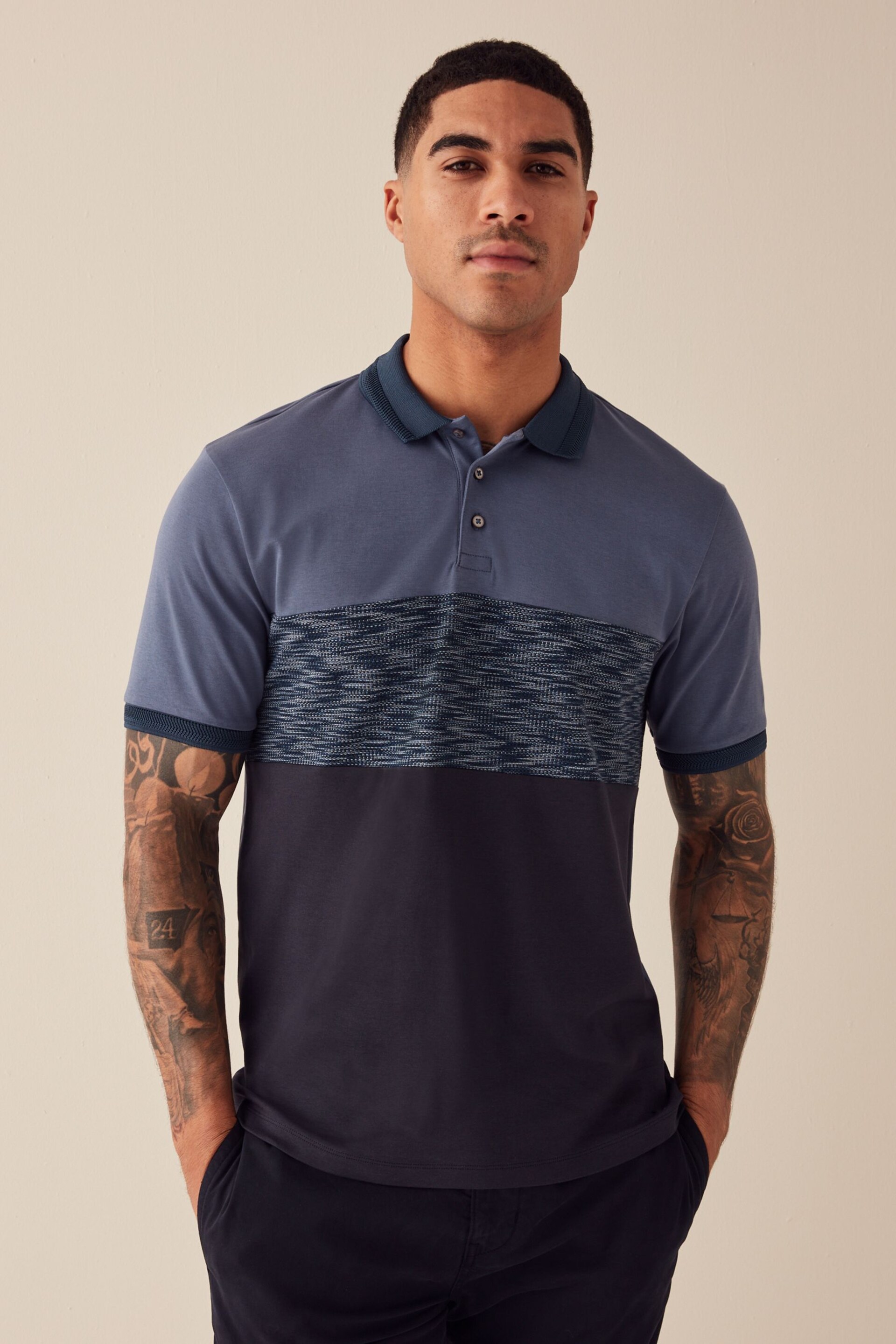 Blue Inject Colourblock Polo Shirt - Image 1 of 8