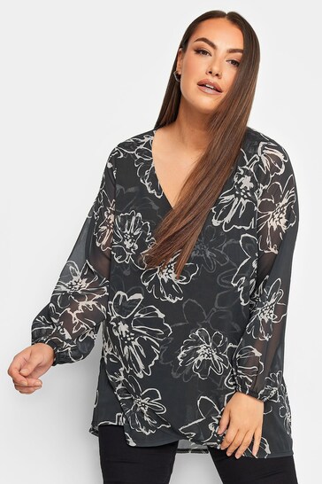 Yours Curve Black London Floral Wrap Front Blouse