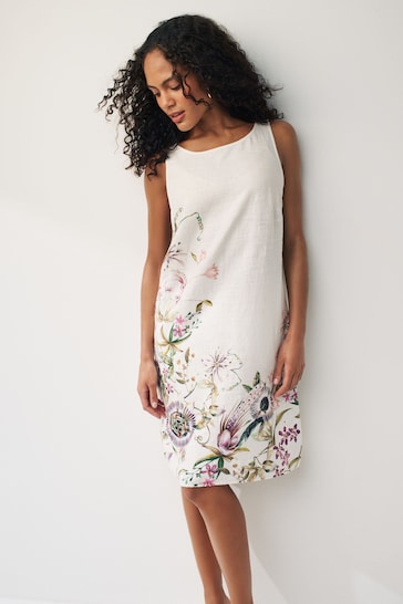 Ecru Cream Floral Linen Blend Sleeveless Shift Dress