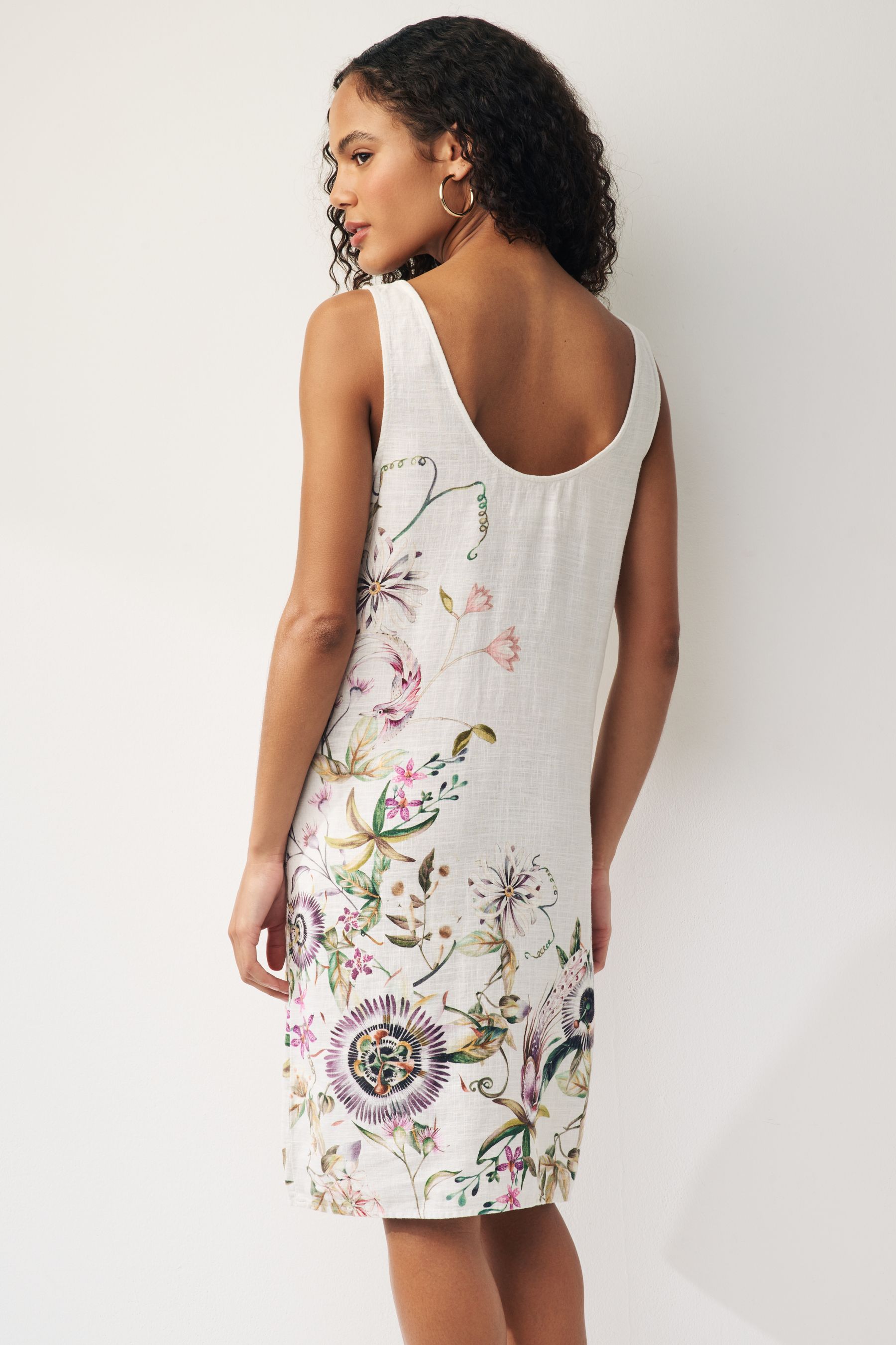 Ecru Cream Floral Linen Blend Sleeveless Shift Dress
