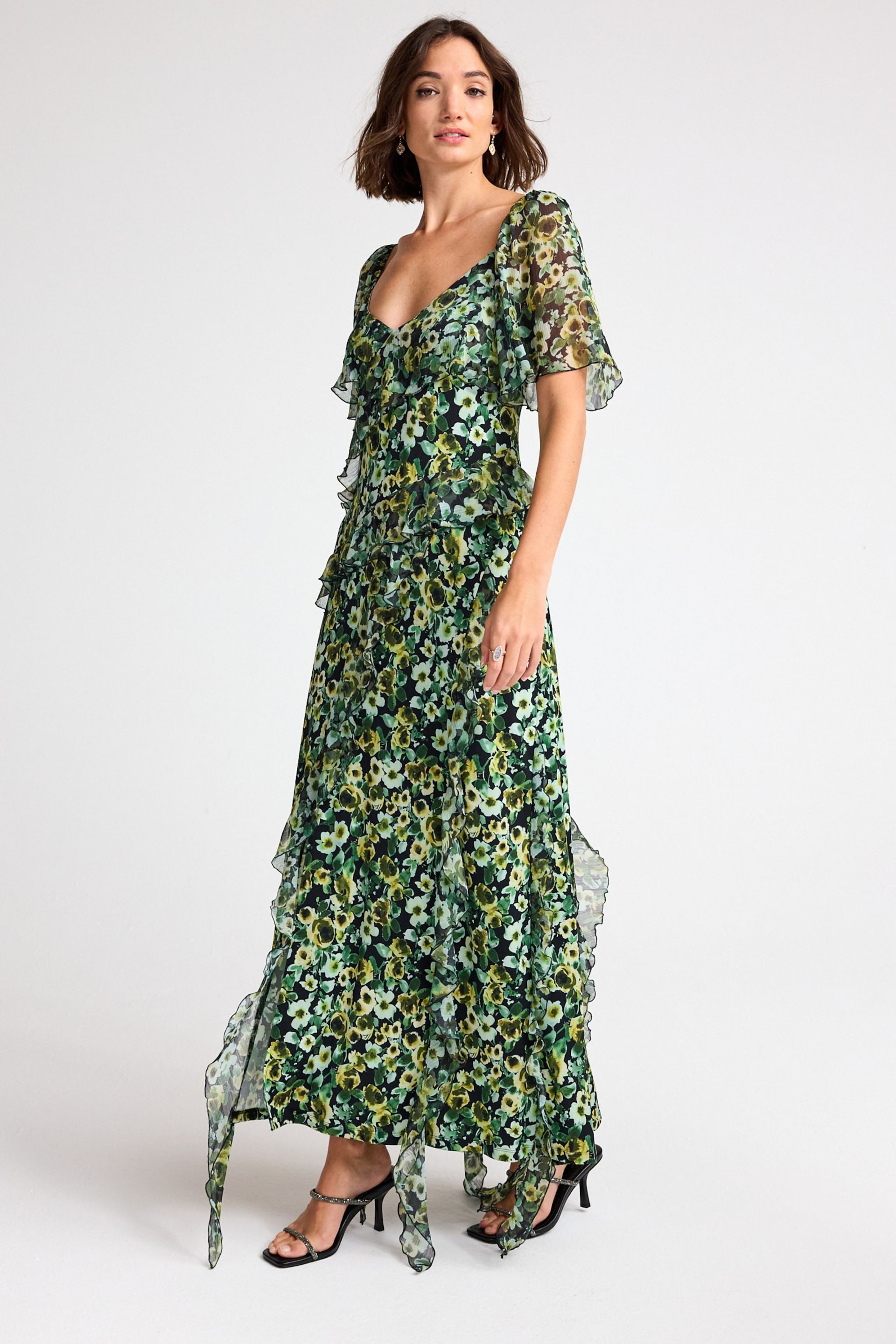 Green Floral Print Square Neck Ruffle Midi Dress - Image 2 of 6