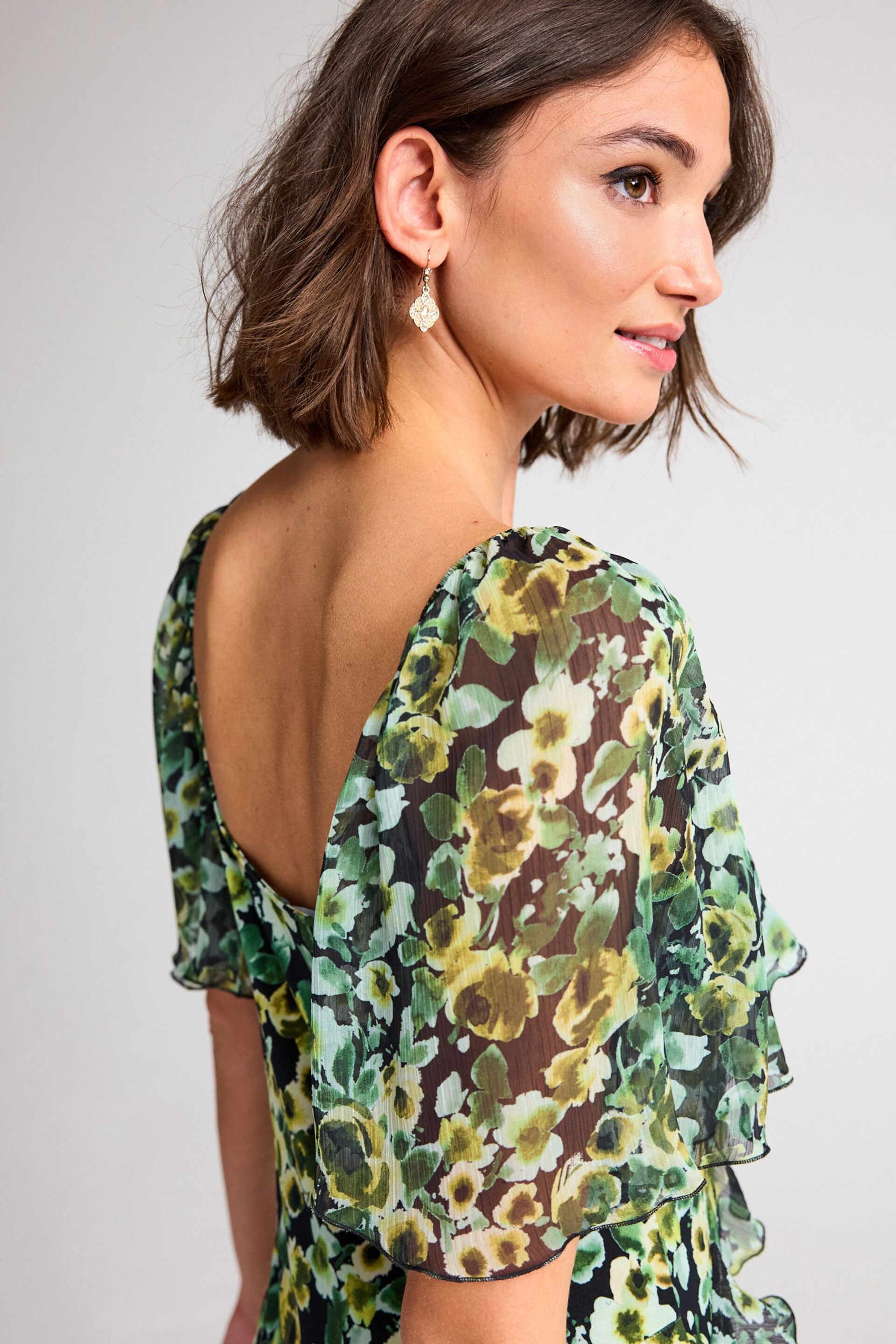 Green Floral Print Square Neck Ruffle Midi Dress - Image 4 of 6
