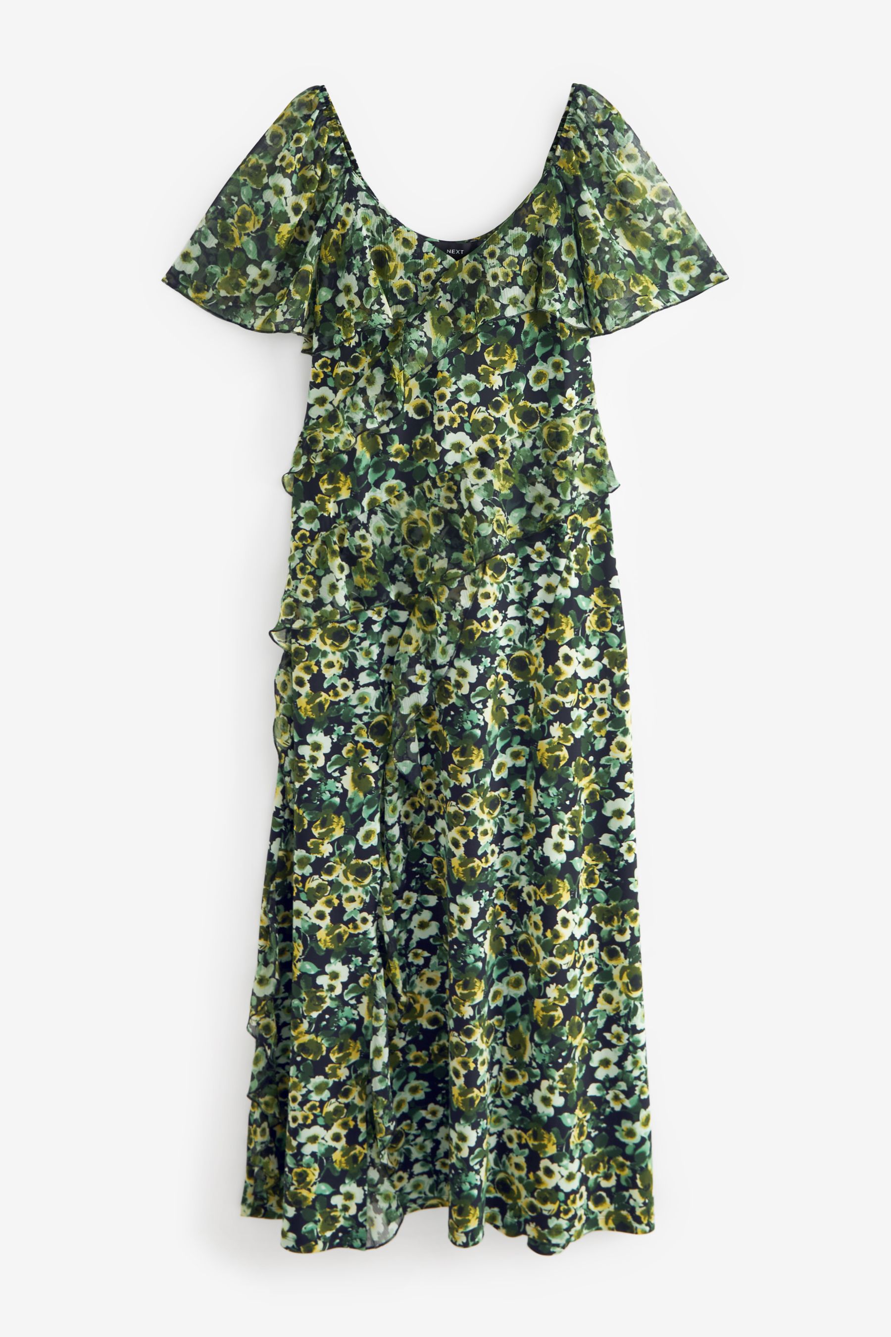 Buy Green Floral Print Square Neck Ruffle Midi Dress from Next Luxembourg