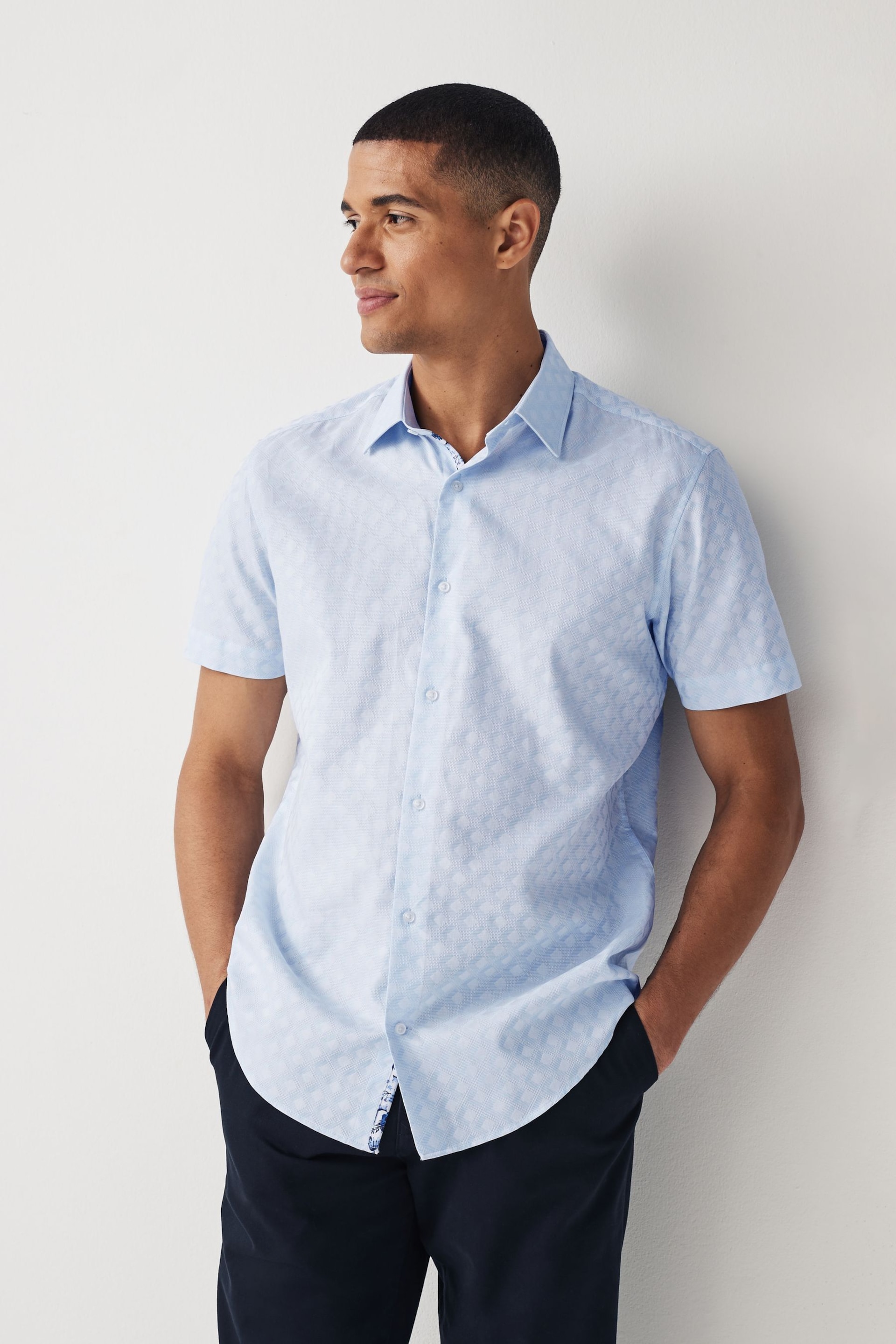 Blue Regular Fit Trimmed Formal Short Sleeve Shirt - Image 2 of 4