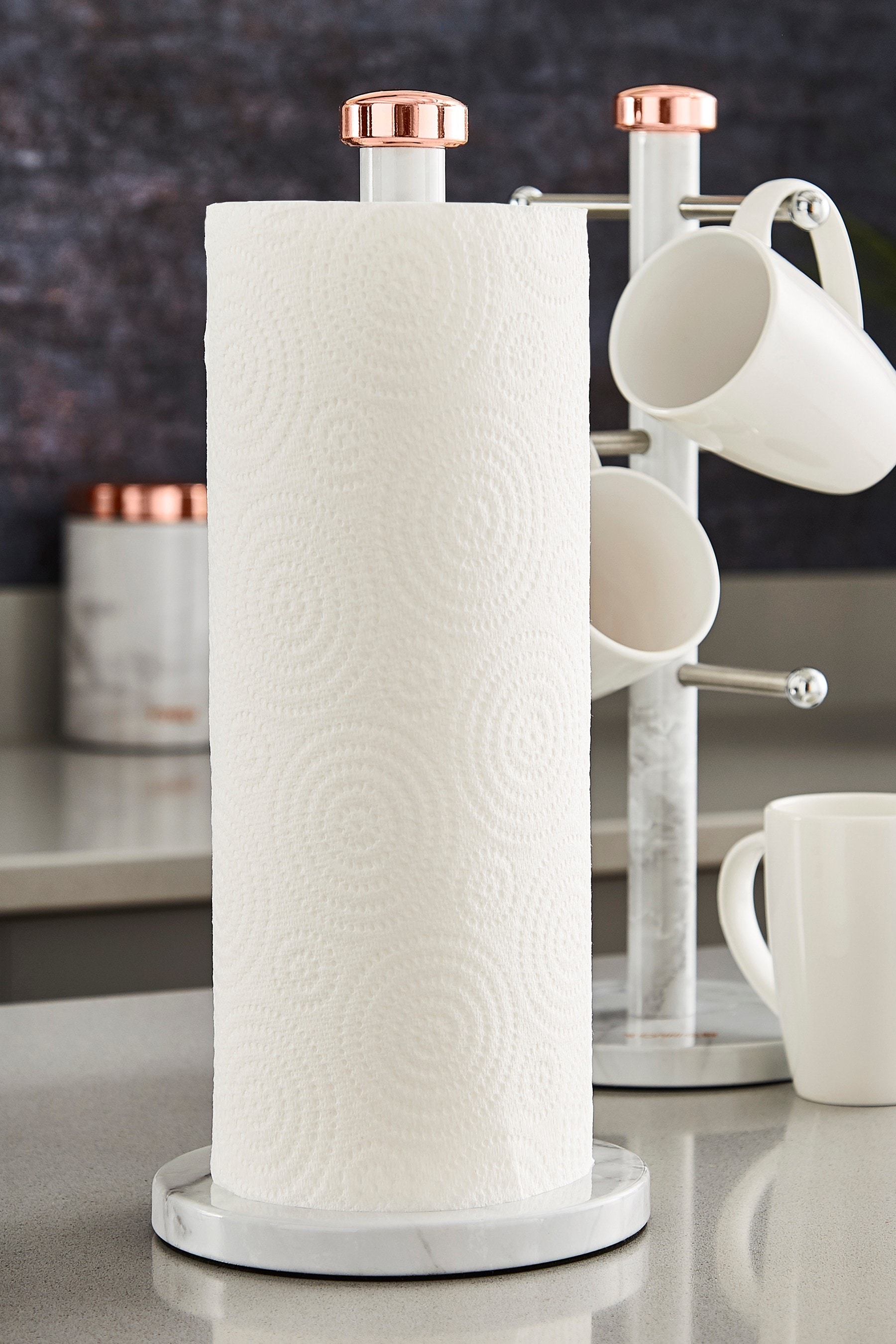 Tower Set of 2 Clear Marble Kitchen Roll Holder And Mug Tree Stand