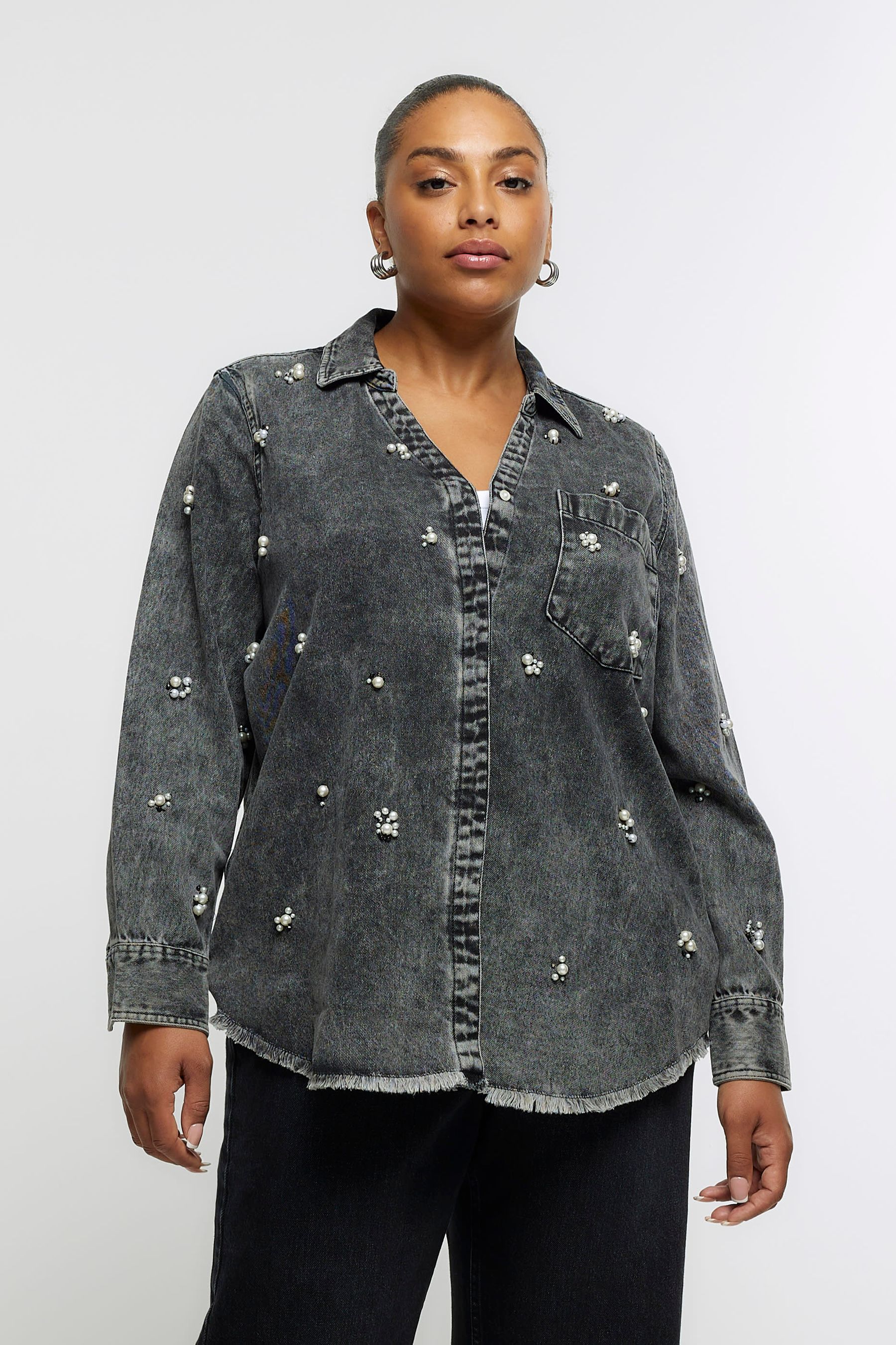 Pearl embellished hot sale denim shirt