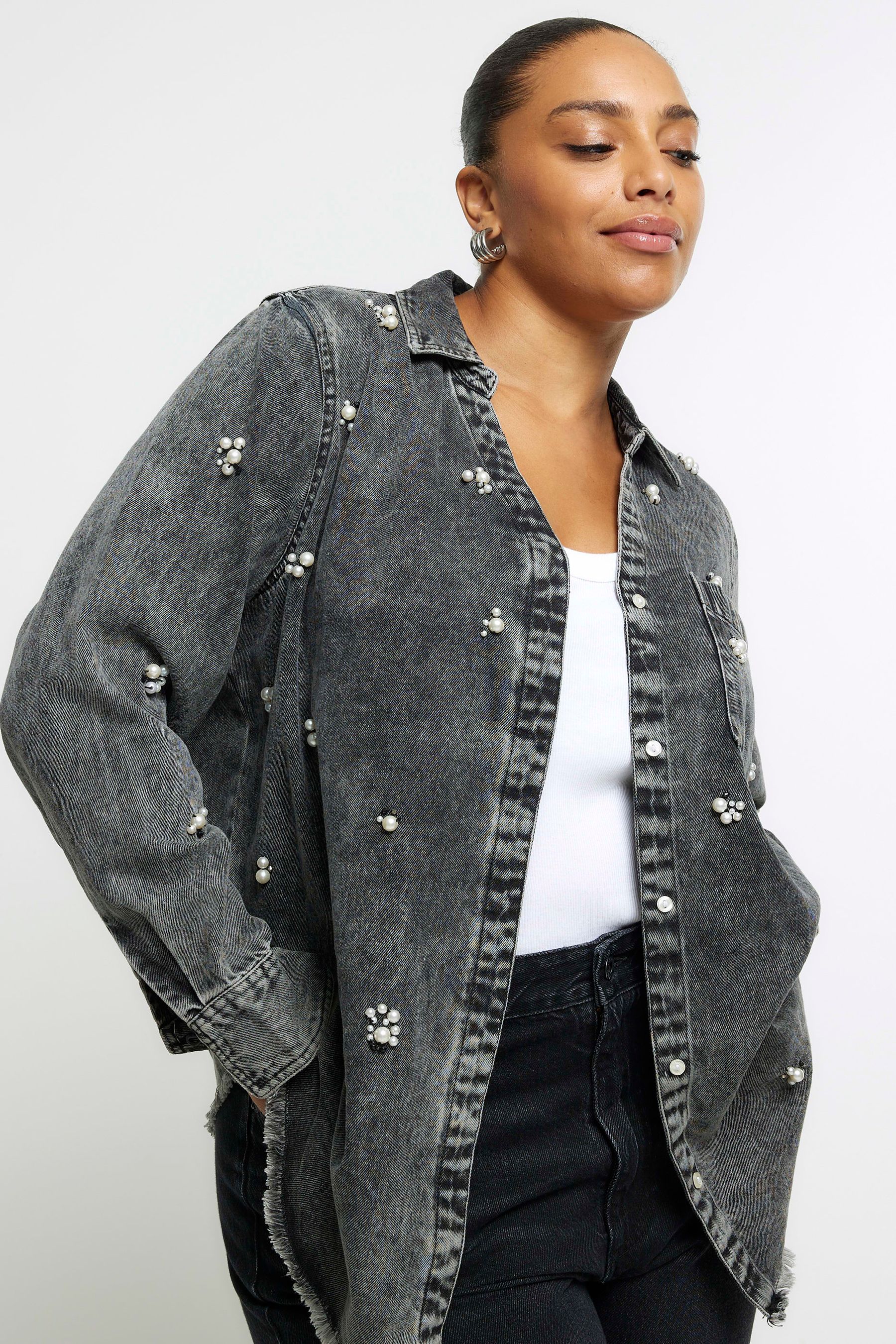 Buy River Island Black Plus Pearl Embellished Denim Shirt from the