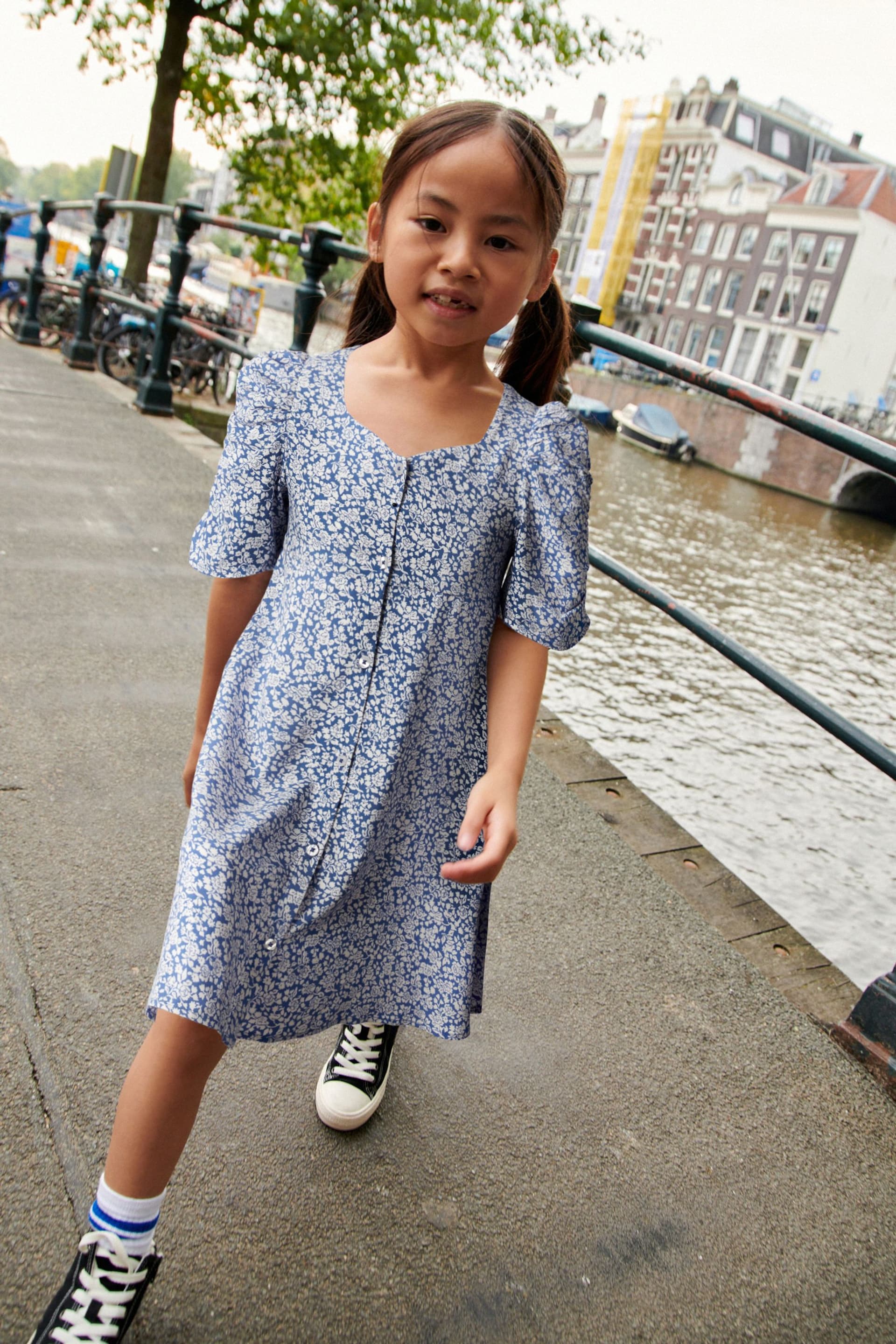 Blue Floral Ruched Sleeve Tea Dress (3-16yrs) - Image 1 of 8