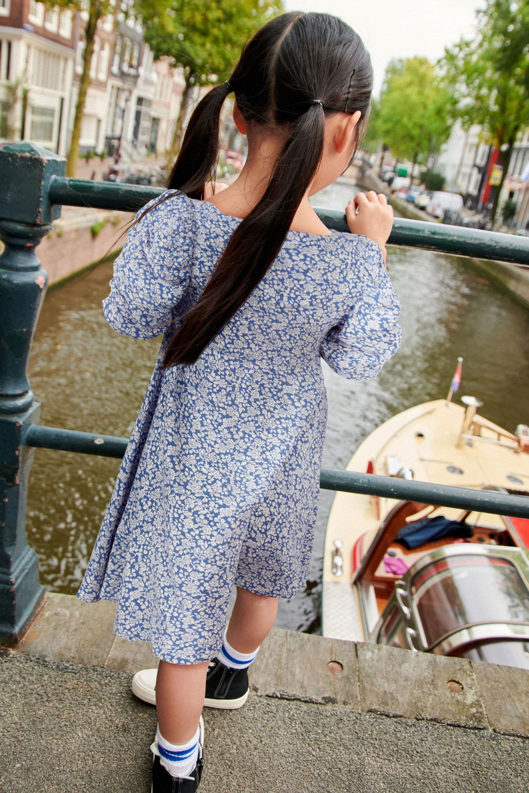 Blue and white tea dress clearance