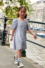 Blue Floral Ruched Sleeve Tea Dress (3-16yrs) - Image 2 of 8