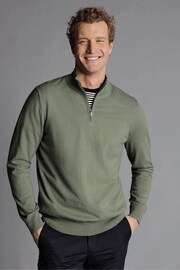 Charles Tyrwhitt Green Combed Cotton Zip Neck Jumper - Image 1 of 6