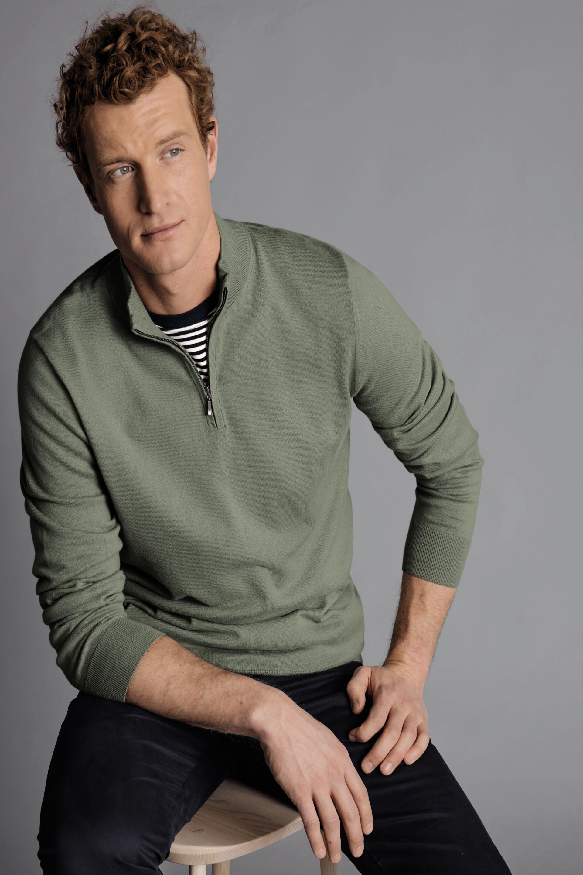 Charles Tyrwhitt Green Combed Cotton Zip Neck Jumper - Image 2 of 6