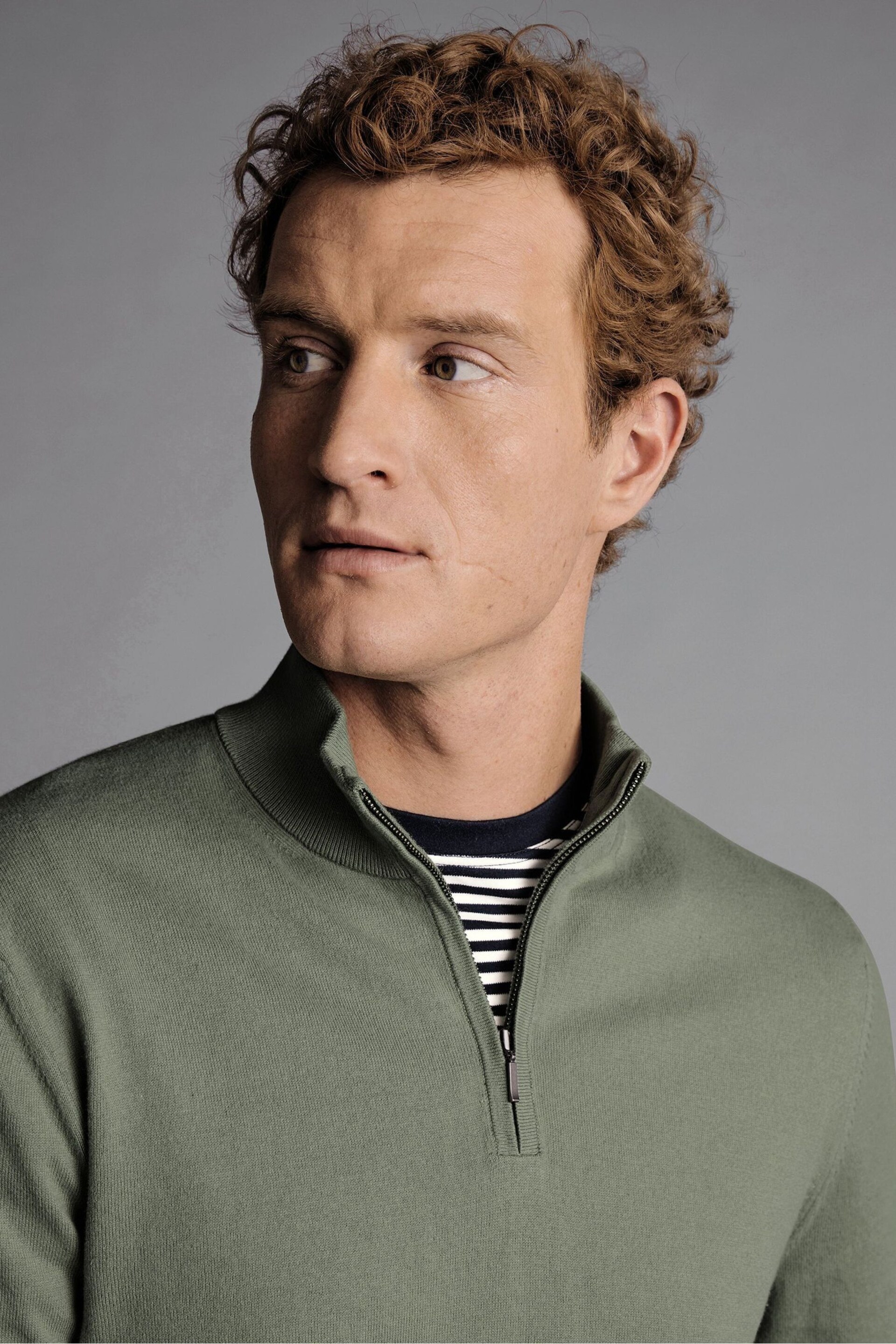 Charles Tyrwhitt Green Combed Cotton Zip Neck Jumper - Image 3 of 6