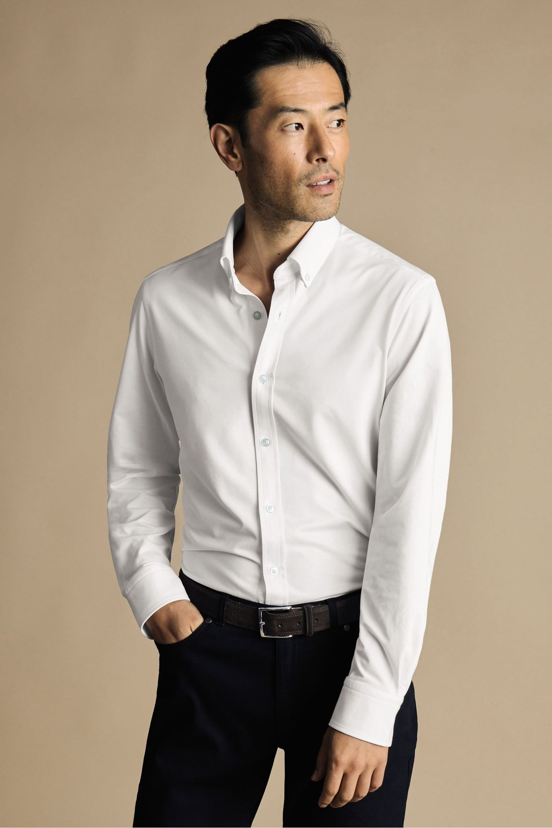 Charles Tyrwhitt White Four Way Stretch Button Down Jersey Shirt - Image 1 of 6